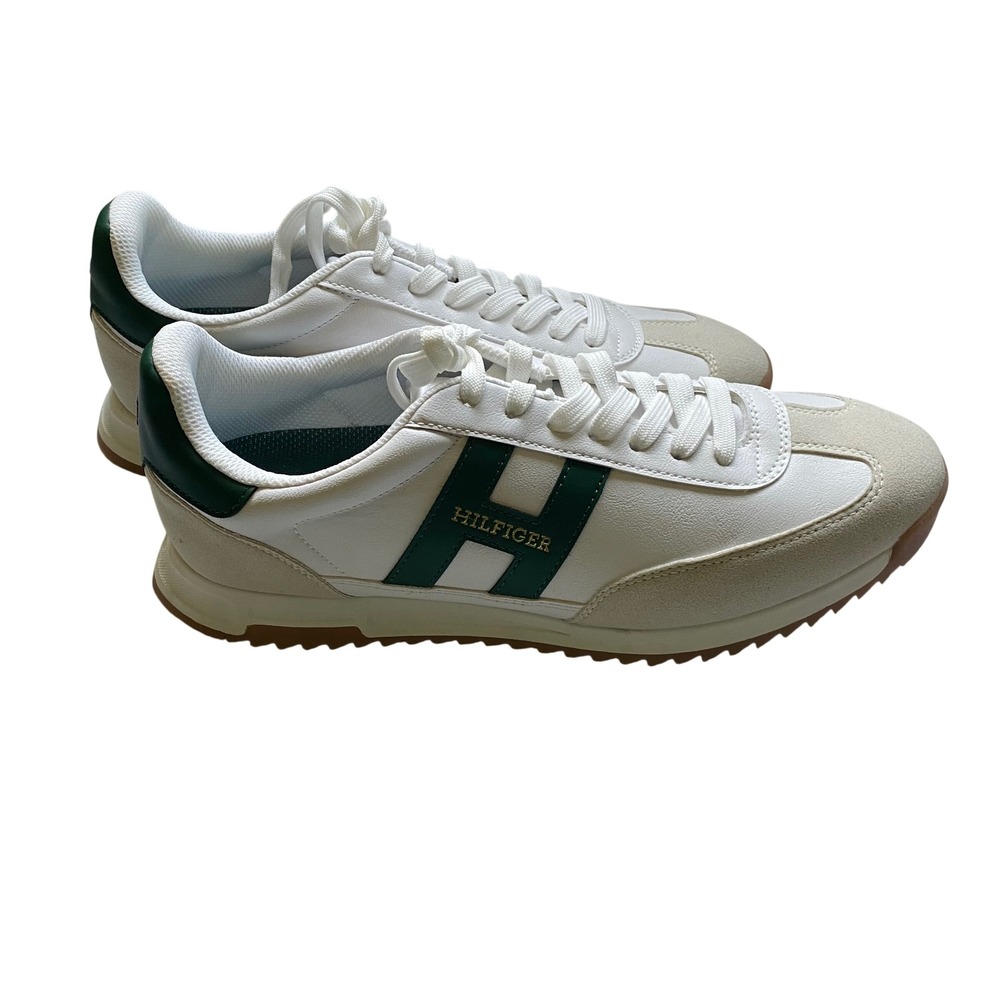 Tommy Hilfiger Mens White Green Low Top H Logo Sneakers Athletic Shoes 9.5 NWOB